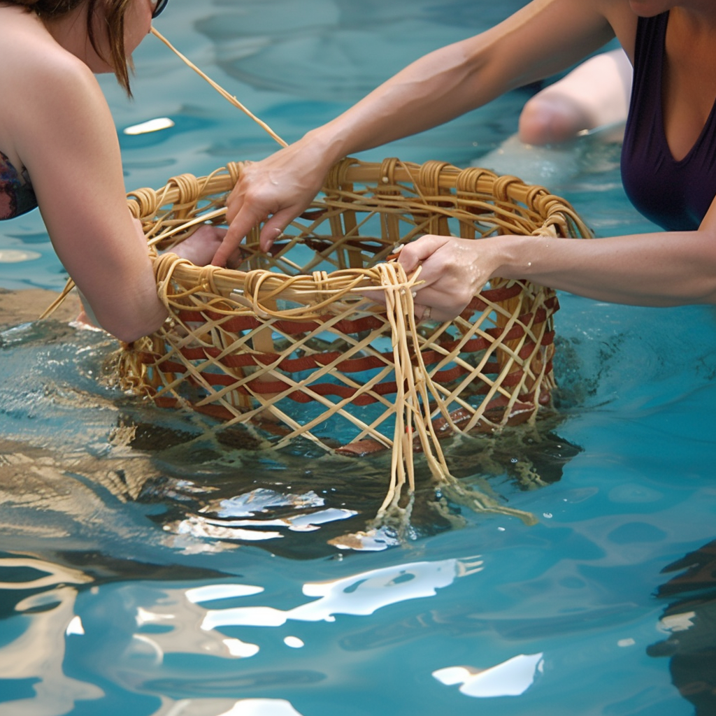 people weaving a basket in shallow water