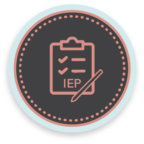 Gray circle with salmon colored dotted border. Centered is an icon of a checklist with the word IEP at the bottom and a pen. 