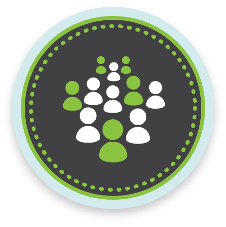 Un círculo gris oscuro con un borde punteado verde, que muestra iconos blancos y verdes de personas