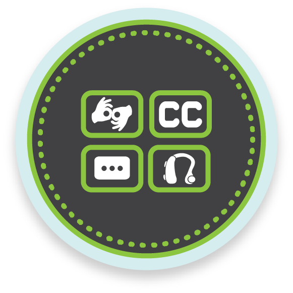 Círculo gris oscuro con borde azul claro, puntos verdes delinean el círculo interior, cuatro íconos que representan alojamientos: interpretación, subtitulado, ALDs y servicios STT