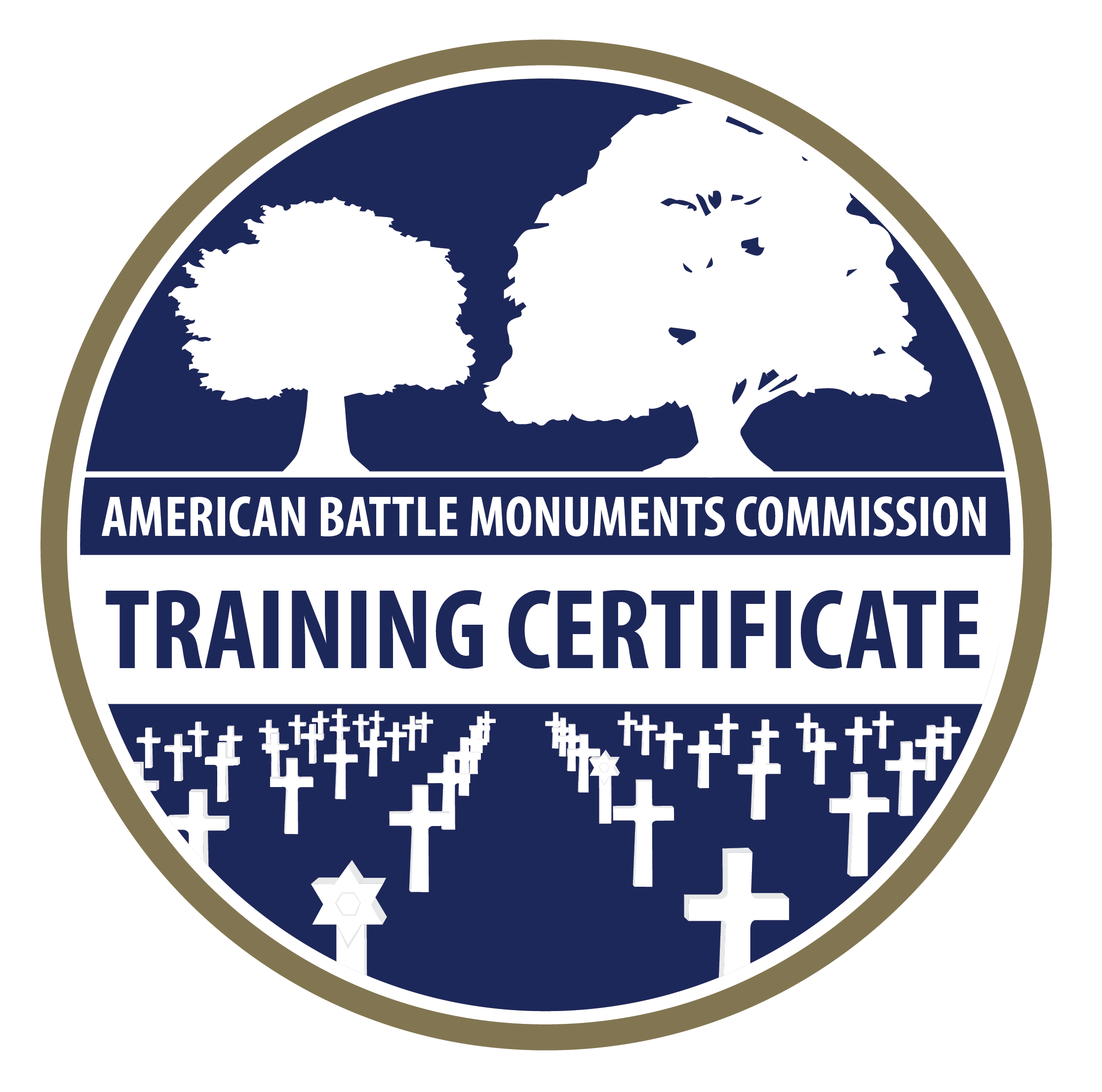Circular blue logo with gold trim with white silhouettes of trees and headstones and the text Training Certificate.
